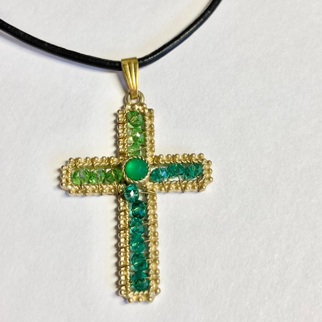 Gold Bead Cross Pendant Necklace Green Hand Beaded Plated 24" Christian